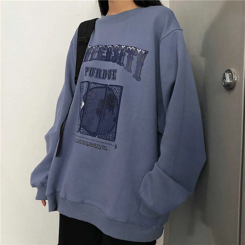 Vår Höst O-Neck Pullover Kvinnor Koreanska Lösa Kläder Överdimensionerade Sweatshirt Vintage Oversized Harajuku Hoodie 210809
