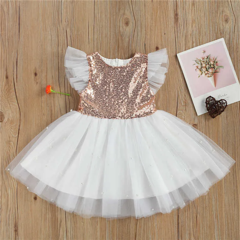 1-6Y Ragazze Principessa Paillettes Perla Pizzo Tulle Abito Compleanno Festa di nozze Bambini Bowknot Abiti da battesimo bambini Vestiti Q0716