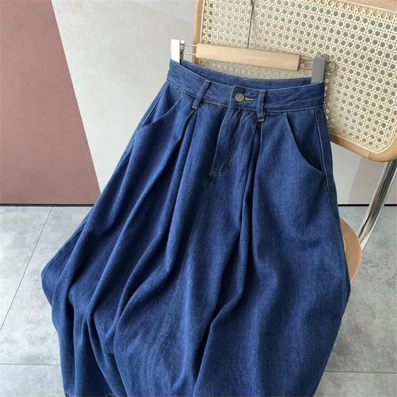 Klassieke Blauwe Zomer Denim Rokken Womens Geplooide Midi Lange Jeans Vintage Zoete Effen Casual Knop Losse Party 210421