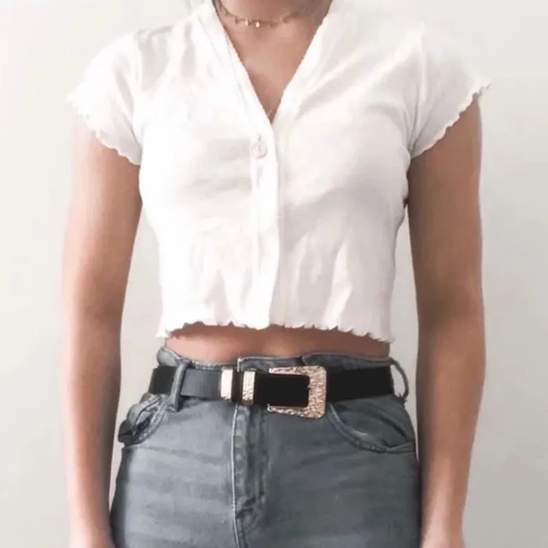 70年代ビンテージVネック半袖ティーベースTシャツクールガールシングルブレストボタンTシャツクロップトップホワイト5色210429