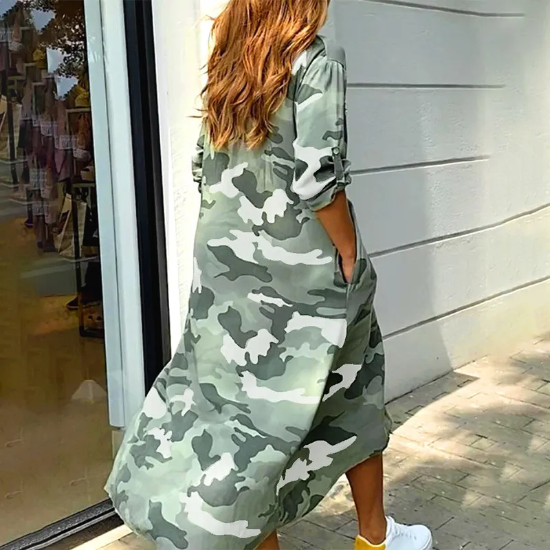 Camouflage Print Sequins Pocket Design Maxi Dress Women Asymmetrical Casual Personality Dresses Summer Half Sleeve Clothes X0521