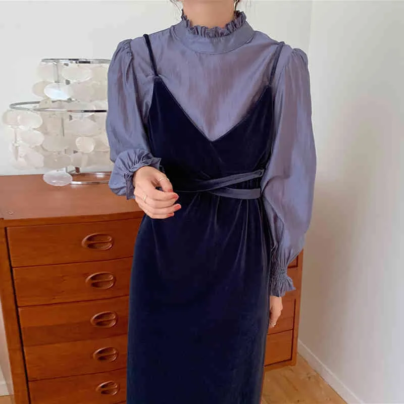 Faux 2 pièces velours robe pour femmes vêtements coréen Vintage mode Flare manches automne Vestidos hiver longue Dresse 18999 210415