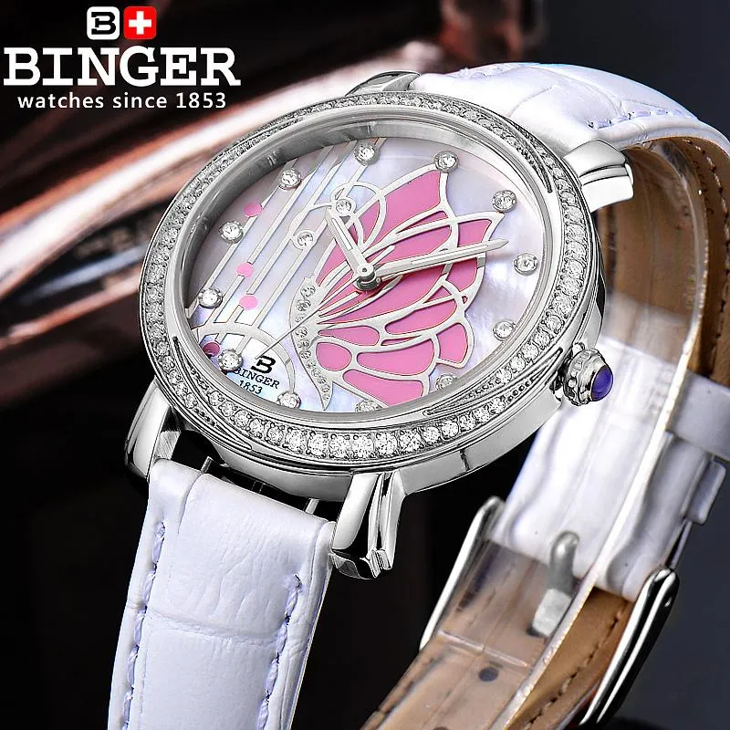 Schweiz Binger Damenuhren Mode Luxusuhr Lederarmband Quarz Schmetterling Diamant Armbanduhren B-3019L255B