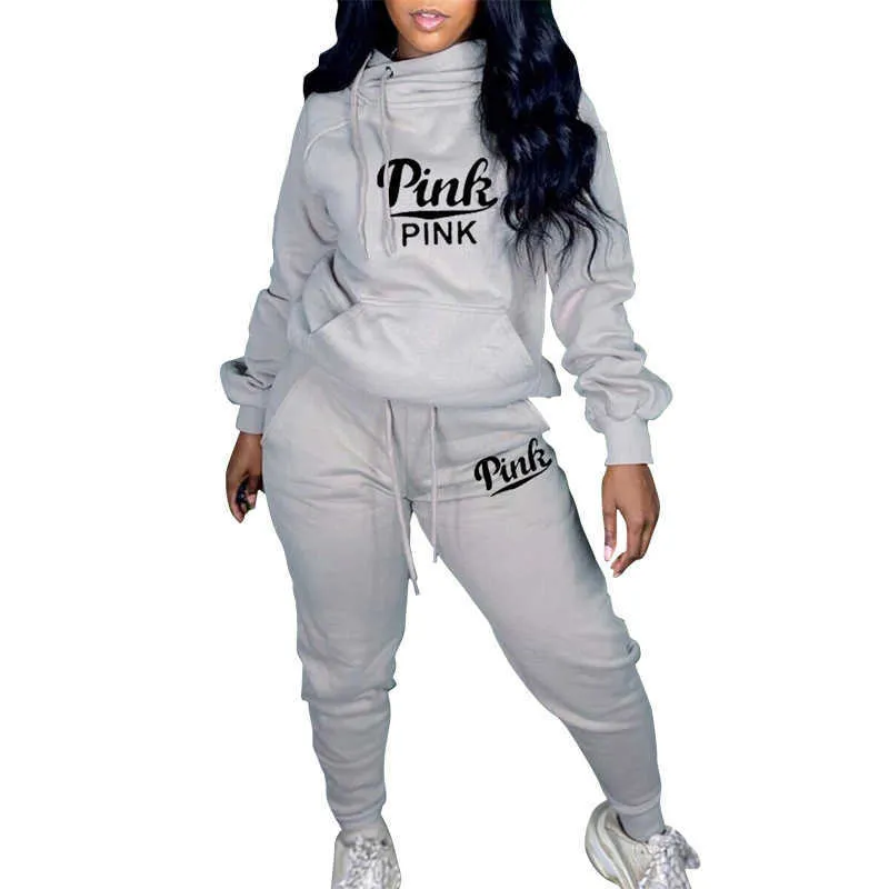 Pullover Sweatshirt Top + Baggy Joggers Pants Loose BF Style Pink Two Piece Outfits For Womens Tracksuit Set 210525