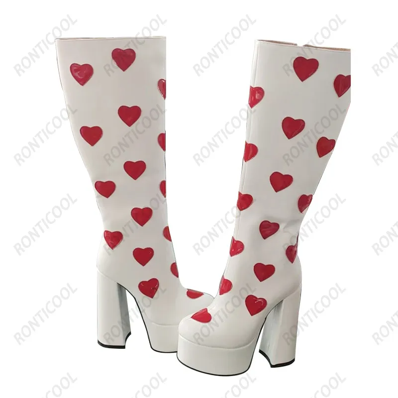 Rontic fait à la main femmes hiver bottes au genou en forme de coeur imperméable talons épais bout rond Boutique chaussures blanches Plus taille américaine 5-15
