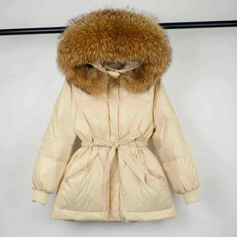 Janveny Inverno Donna Parka 90% Piumino d'anatra bianco Grande collo di pelliccia di procione reale Cappotto di piume da donna caldo con cappuccio Outwear 211221