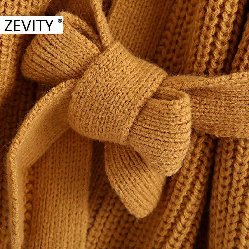 Zevity女性レジャークロスVネックソリッドカラーボウTied Knittingセーターコートレディース長袖カジュアルキモノシックトップスS444 210603