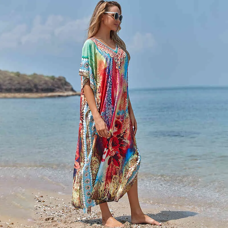 Long Polyester Beach Cover up Bathing suit for Women Pareo Swim Saida De Praia Robe Plage Dress Q1186 210420