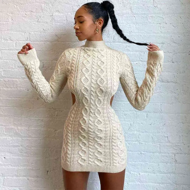 Höst mini knit klänning halv hög krage solid färg öppen back cutout sexig smal passform kvinnor high street mode outfit 2021 G1214