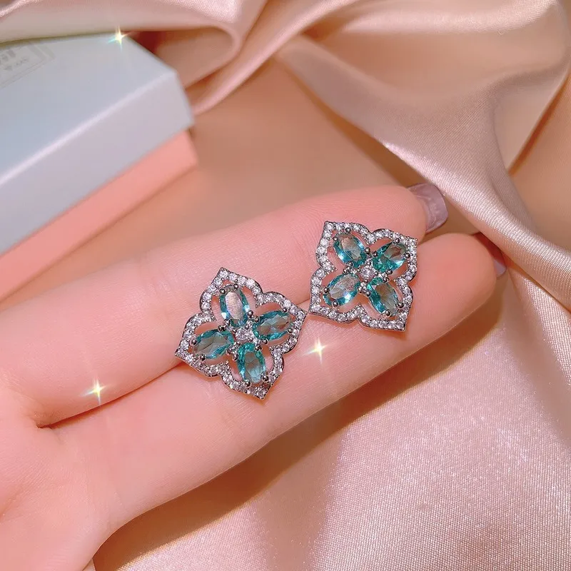 Solido argento 925 intarsiato e coltivato smeraldo quadrifoglio collana anello orecchino il regalo di gioielli di fidanzamento del partito delle signore KISS044