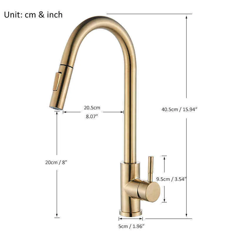 Quyanre Brushed Gold Kitchen Faucet Pull Out Kitchen Sink Water Tap Single Handle Mixer Tap 360 Rotation Kitchen Shower Faucet 211108