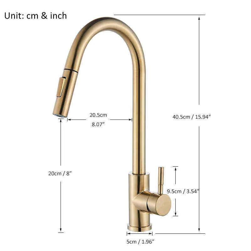 Quyanre Geborsteld Goud Keuken Kraan Trek Keukengootsteen Water Tap Single Handle Mixer Tap 360 Rotatie Keuken Douchekraan 211108