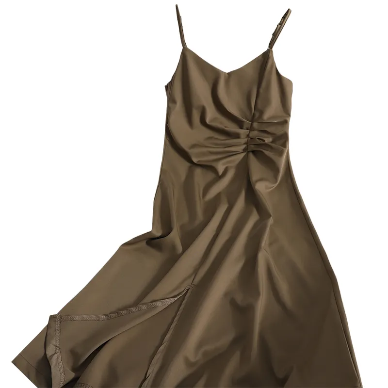 Kimutomo Moda Wrinkle Dress Dress Wiosna Summer Slim Slim Talia Spaghetti Pasek Solidny Kolor Elegancka Vestido 210521