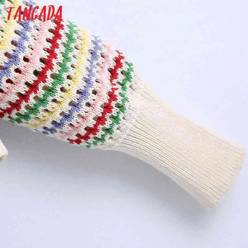 Femmes Rainbow Rayé Jacquard Cardigan Creux Crochet Tricoté Pull Manteau Femme Chic Tops BE237 210416