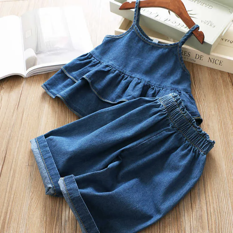 Summer Girls' Clothing Sets Korean Princess Bubble Sleeve Top +Lace Stitching Denim Shorts Children Baby Kids Clothes Suit 210625