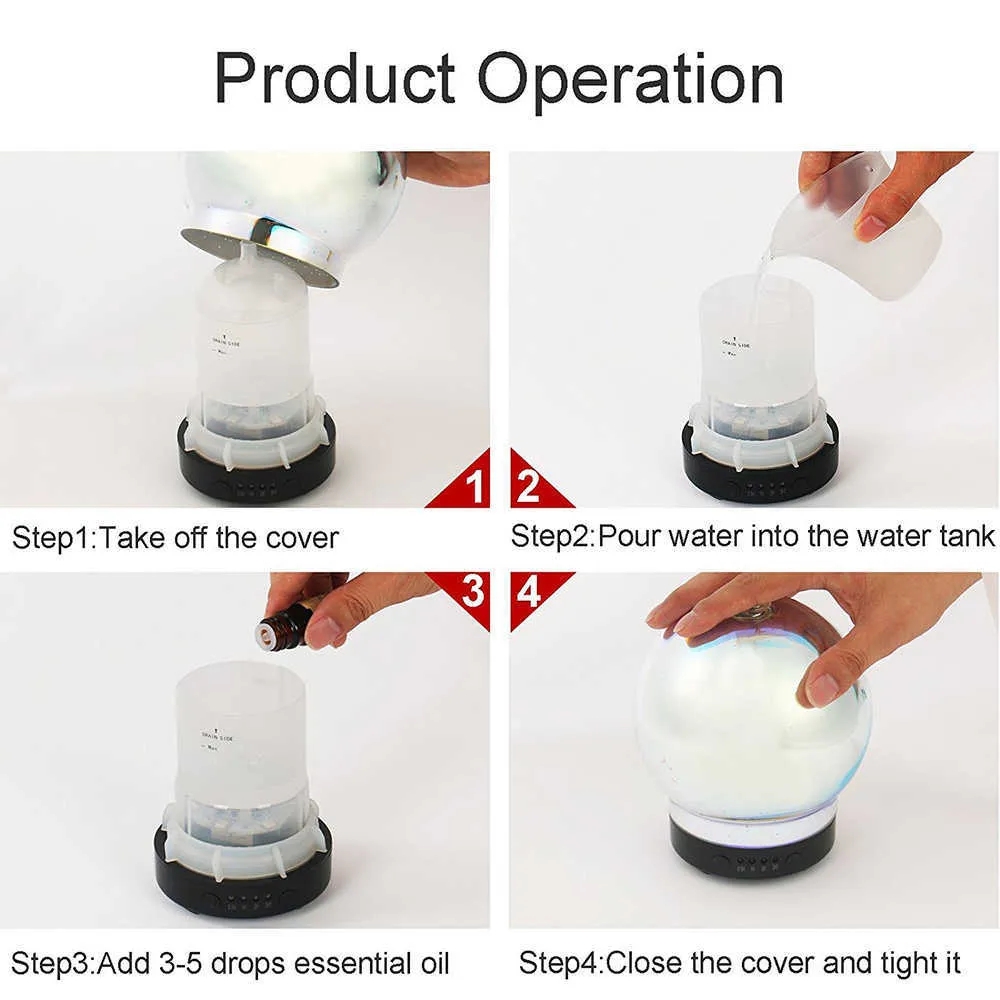 3d glas arom diffusor, aromaterapi ultraljud eterisk oljeversion luft luftfuktare, lägen fyrverkeri 100 ml byte ljus 210724