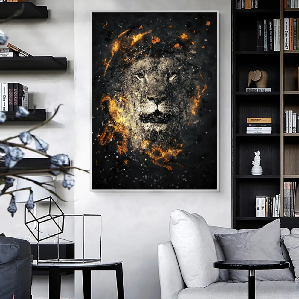 Affiches et impressions d'art animalier de Lion de flamme abstraite moderne, peintures sur toile, images d'art murales pour salon, décoration de la maison Cuadro1959397