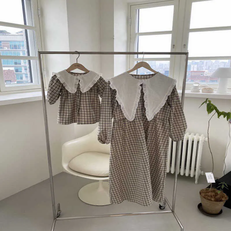 Spring Family Matching 2-pcs Sets Plaid Dress Shirts Overalls Dot Mother Daughter Outfits E 210610
