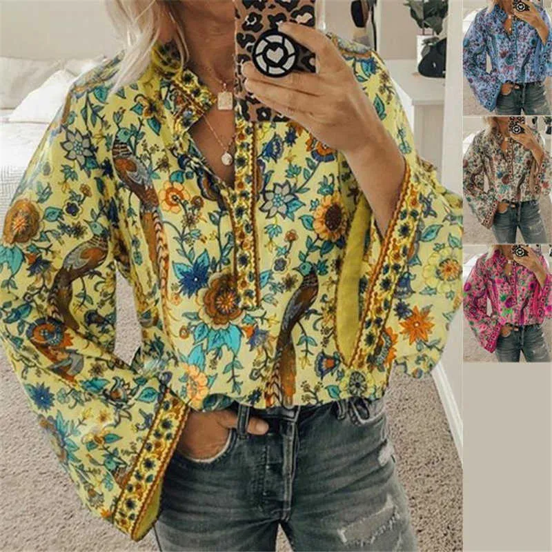 Gaoke Women Peacock Print Boho Blus Elegant Vintage Långärmad Skjorta Vår Höst Kvinna V-Neck Button Blusa Toppar 210719