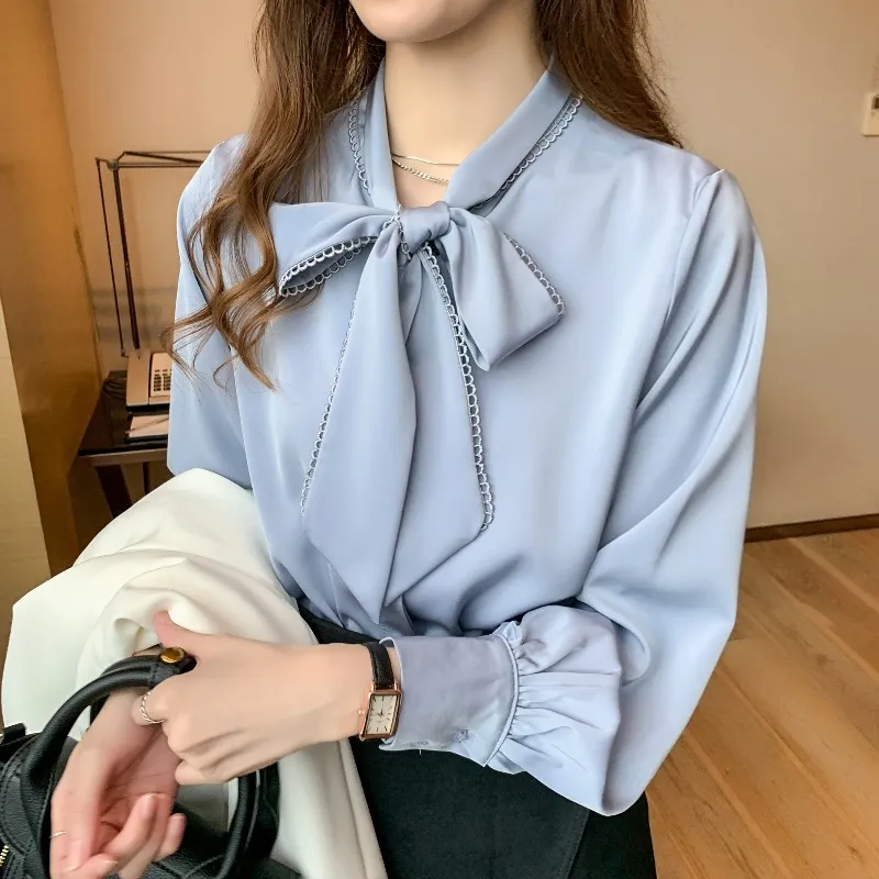 S-2XL Satin Blusas Mujer De Frühling Büro Damen Solide Bogen Elegante Frauen Bluse Tops Koreanische Shirts Lace Up 19677 210415