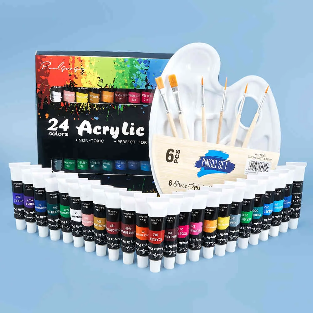 Akrylfärguppsättning med borste 24 färger 12 ml för tyger kläder pigment konstförsörjning professionell konstnär målning187r1390018