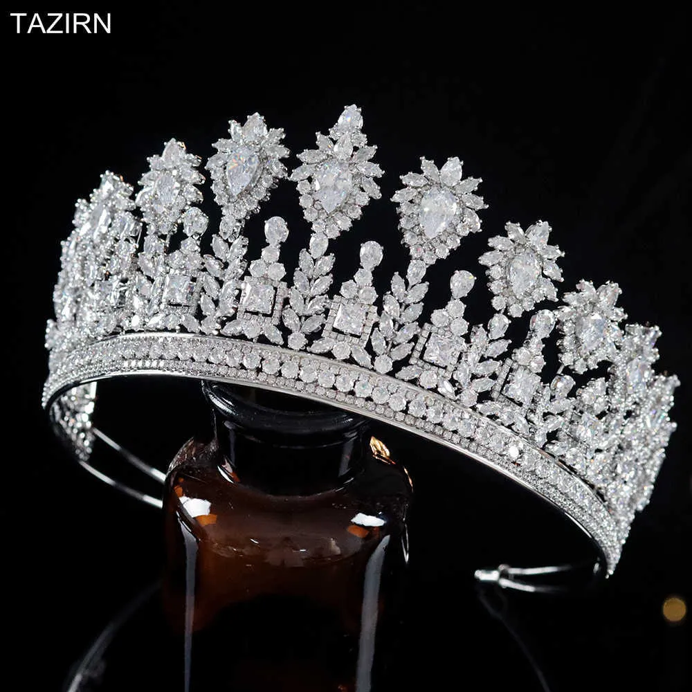 Nyaste långa kronor lyxiga cz tiaras bröllop tillbehör kvinnor zirkon smycken drottning parti huvudbonad bästa gåvor trendigt huvudband x0625