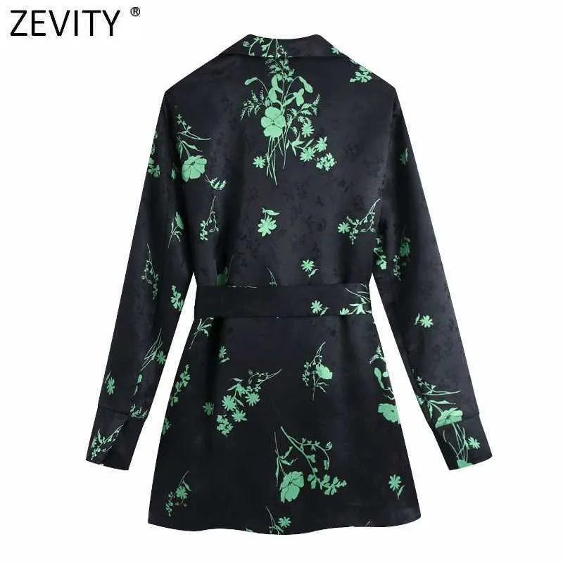 Zevity kvinnor vintage gröna blad utskrift svart satin smock blus kvinnlig sashes sida split skjorta chic kimono blusas toppar ls7661 210603