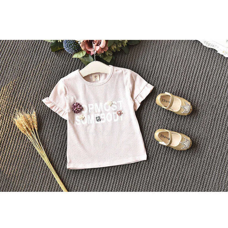 Love DDMM Girls Setters Летняя детская одежда Девушки ручной работы из бисером цветок полосатая футболка + лук широкогазовый шорты костюм 210715