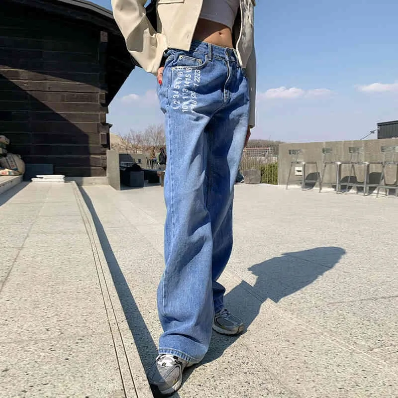 Niebieski numer Drukuj Proste Y2K Dżinsy Dla Dziewczyn Kobiet Kobiet Kobiet Moda Dżinsowe Spodnie Vintage Harajuku Capris 210510