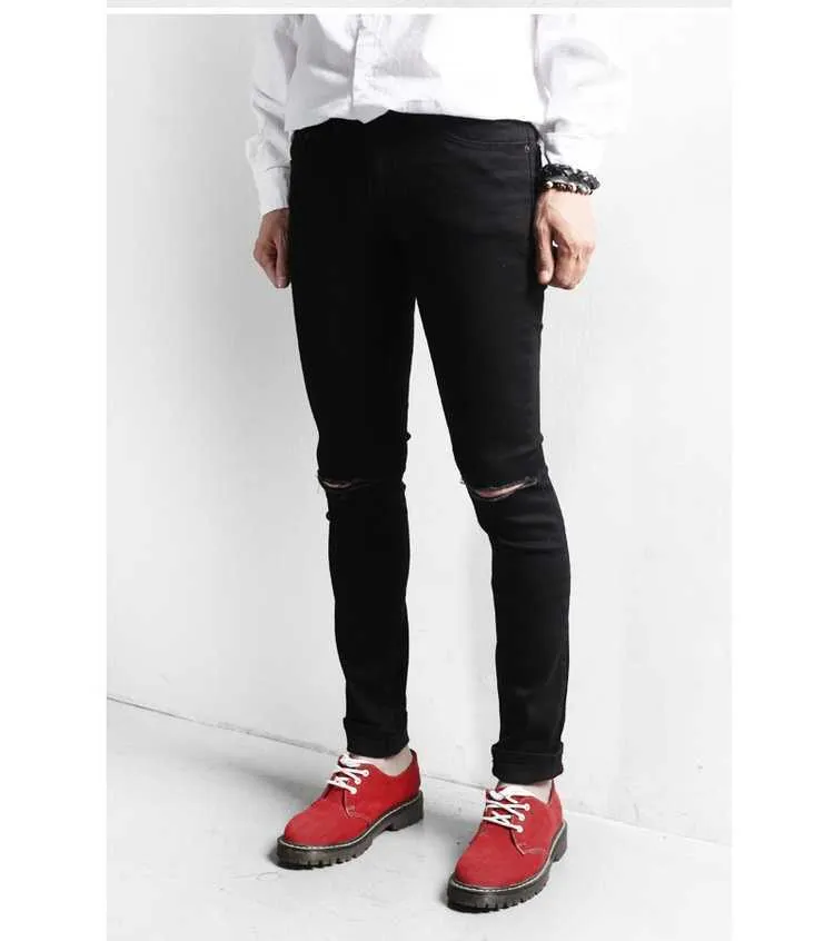 Jeans hommes slim petits pieds version coréenne polyvalent pur noir spectacle trou mince neuf points petites jambes de pantalon coiffeur social x0621