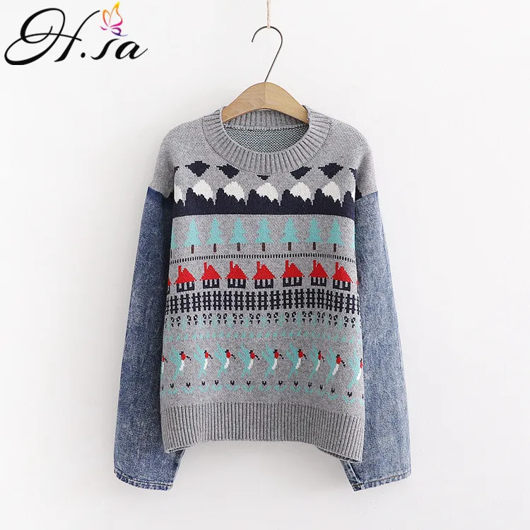 H.Sa Kobiety Zima Retro Pulower Dżinsy Patchwork Sweter Choinki Sweter i Pull Sumpers Casual Print Setet 210417