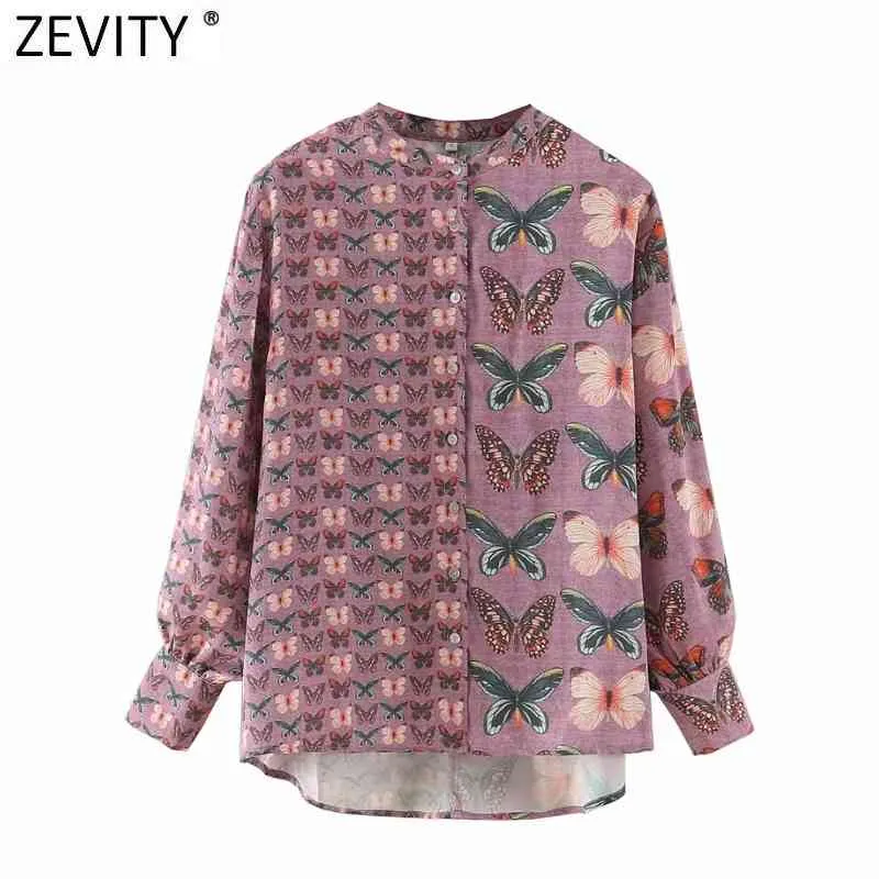 Kvinnor Vintage Stand Collar Butterfly Floral Patchwork Print Blus Kvinna Lantern Sleeve T-shirts Chic Chicise Toppar LS9132 210420