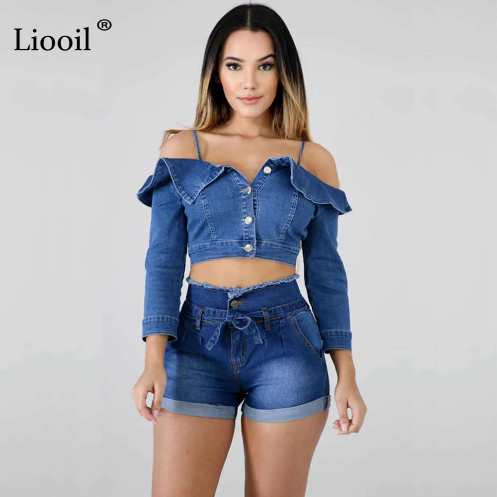 Liooil Casual Blue Denim High Waist Shorts Women Clothes Streetwear Cotton Lace-Up Sexy Slim Rave Jean With Pockets 210719