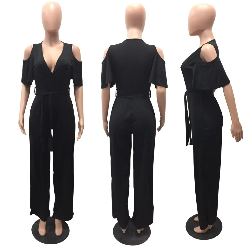 Kobiety Przypadkowy Kombinezon Krótki Rękaw Zimny ​​Ramię Szerokie Noga Wysoka Talia V Neck Plus Rozmiar Ogólny Playsuit Moda Letnia Odzież 210416