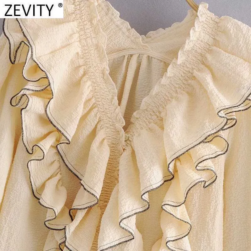 Zevity Femmes High Street Élastique Agaric Dentelle Col V Pli En Cascade Chemise À Volants Femme Blouse Roupas Chic Chemise Tops LS9105 210603