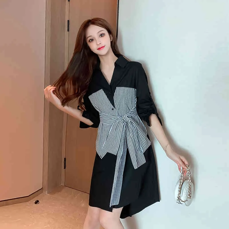 Women's Autumn Dresses Korean Fashion Fake Two-piece Short Skirt Bottoming Long-sleeved Blouse PL280 210506