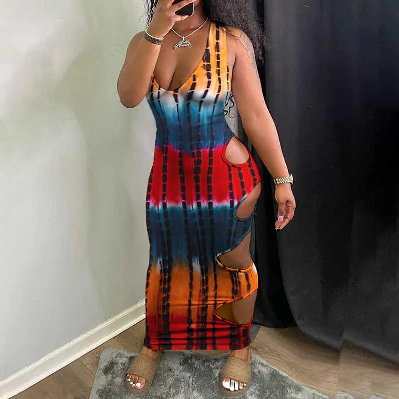 Fashion Women Tie Dye Print Hollow-out Maxi Dress Party Wear Sleeveless Vacation Holiday Bohemian Thick Strap Long Dress 210716