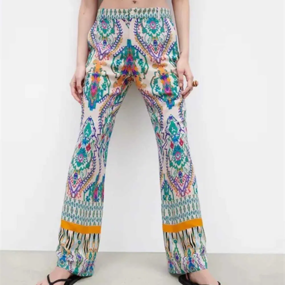 2021 Printed Flared Pants Women Vintage High Waist Back Elastic Summer Pant Fashion Patch Pocket Flared Legs Zip Woman Pants Q0801