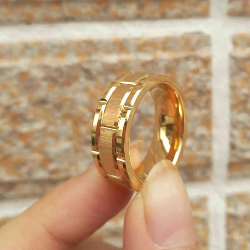 Она мужская вольфрамовое кольцо из карбида вольфрама 8 мм желтый золотой цвет кирпич узор щеткой полосы для него свадебные украшения 9-13 211217