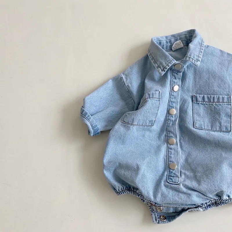 Primavera nuovo stile infantile neonato morbido jeans tuta bambino ragazzo ragazza manica lunga tute solide vestiti denim bambini 210413