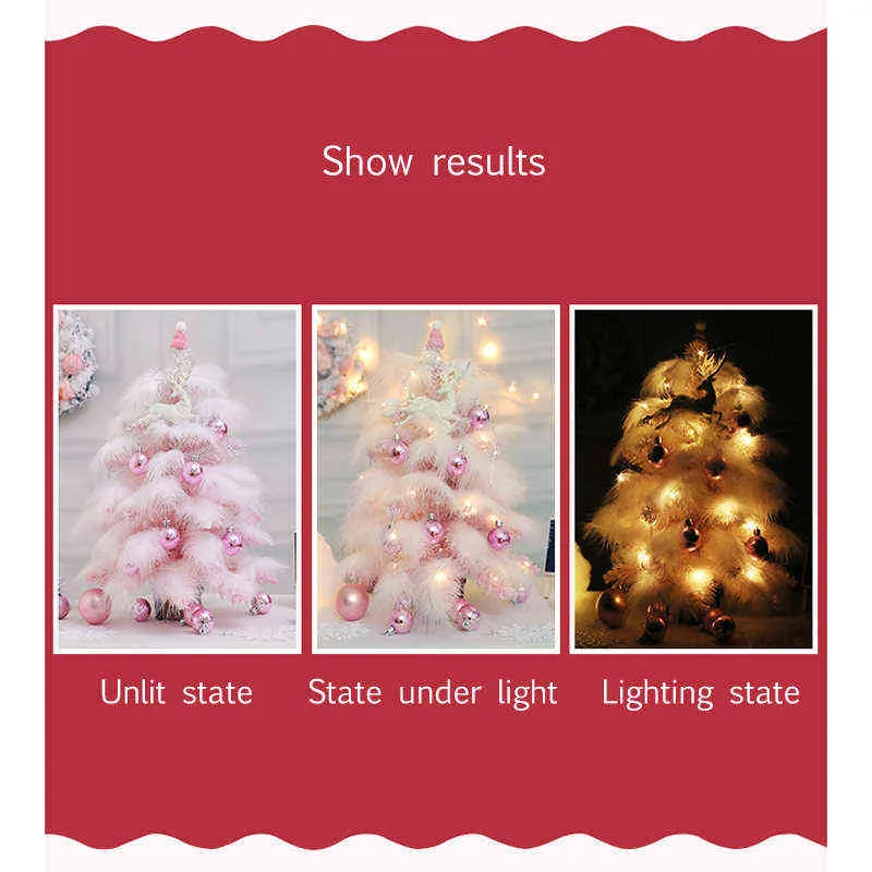 45/60CM Net Red Pink Feather Christmas Tree Led Christmas Ornaments Artificial Tree Handmade Holiday Decoration Xmas Decor U3 211112