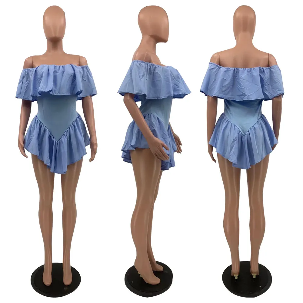 Kvinnor av axel sexig klänning mini clubwear natt datum ut ruffles pläterad sommar våren ementig rosa blå backless slim vestidos 210416