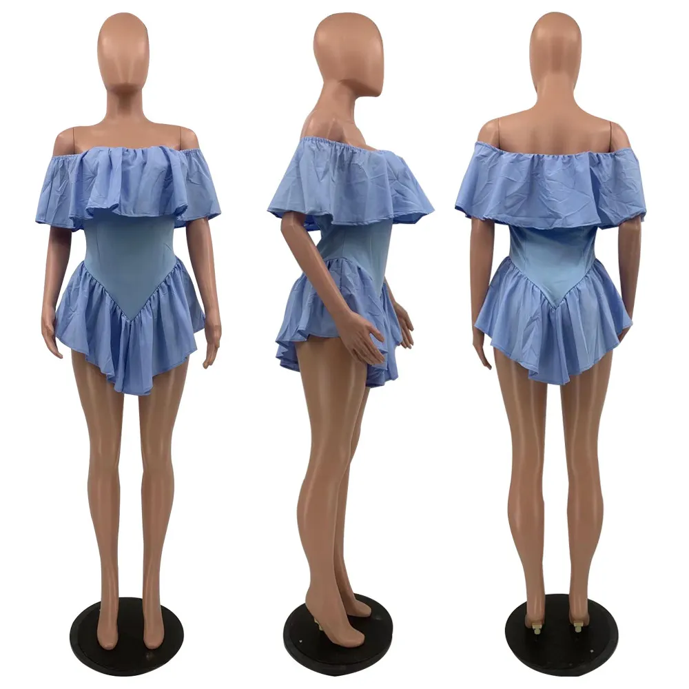 Vestido sexy con hombros descubiertos para mujer Mini Clubwear Night Date Out Ruffles Plisado Verano Primavera Evenig Rosa Azul Sin espalda Vestidos delgados 210416