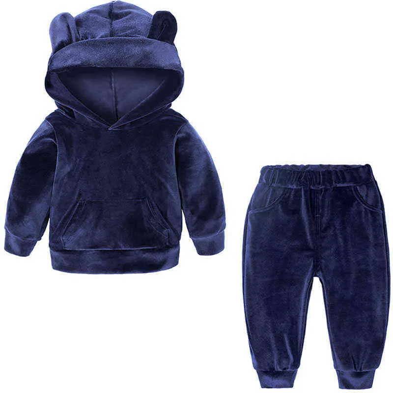 Baby Boys Girls Velvet Hooded Clothing Set Kids Jacket Coat Pants Suit for Sports Suits Tracksuits Toddler Children Clothes Set Y220310