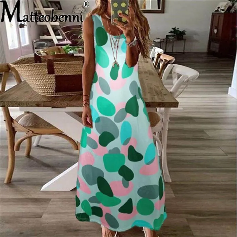 Vestito da stampa da donna Abito lungo senza maniche a pois grandi estivi 2021 Abito a vita alta alta altalena stile bohemien di moda X0521