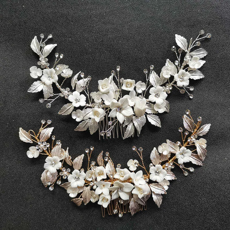 SLBRIDAL Handmade Crystal Rhinestone Pearls Ceramic Flower Bridal Hair Comb Wedding Hair Accessories Bridesmaids Women Jewelry X0726