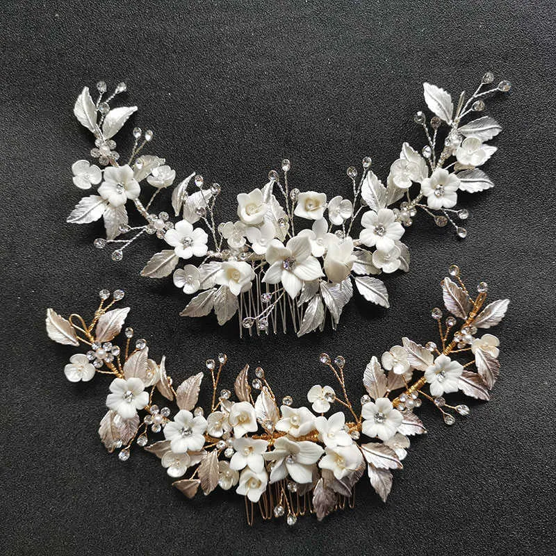SLBRIDAL Handmade Crystal Strass Perles Céramique Fleur De Mariée Peigne De Mariage Accessoires De Cheveux Demoiselles D'honneur Femmes Bijoux X0726