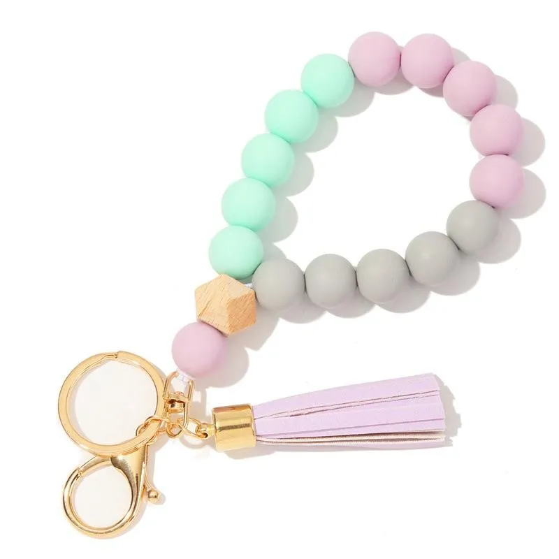 Porte-clés Bracelet porte-clés Bracelet perles de Silicone porte-clés à la main femmes porte-clés dragonne cadeaux 277h