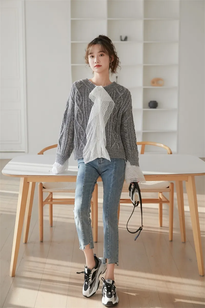 Winter Woman Sweaters Grey Long Sleeve Crewneck Pullover Jumper Gebreide Patchwork Kant Leuke Sweater Koreaanse Mode 210427