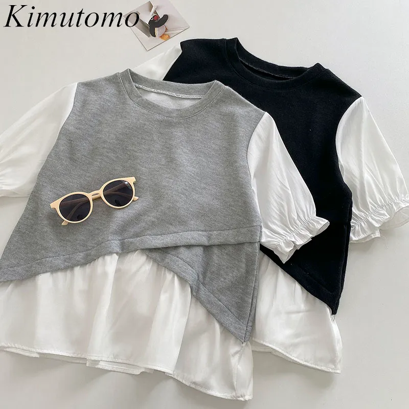 Kimutomo Fake Two Piece Shirt Women's Summer Korean Fashion Wild O Neck Pullover Solid Color Patchwork Tops Casual 210521
